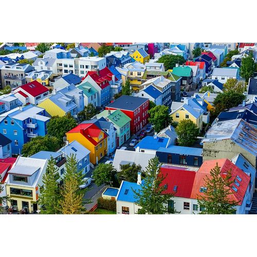 Colorful red green blue yellow Houses Cars Streets-Reykjavik-Iceland